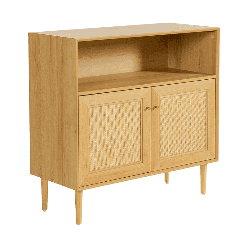 籐扉付きウッドカラー素朴な2ドア収納キャビネット(Y-C43)